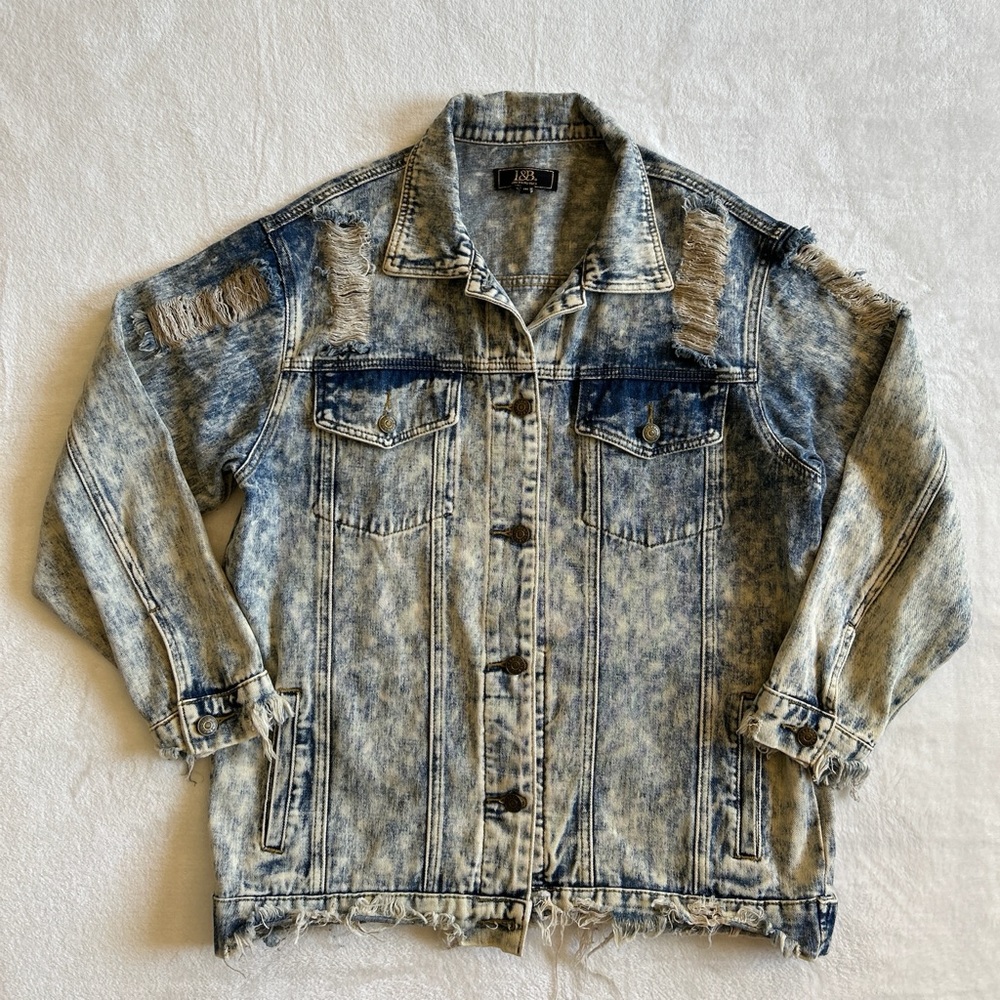 L&B Lucky and Blessed Acid‎ Wash Ripped Raw Hem Denim Jacket